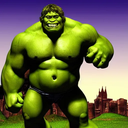 Image similar to a highly detailed image of what the love child between the hulk and shrek would look like