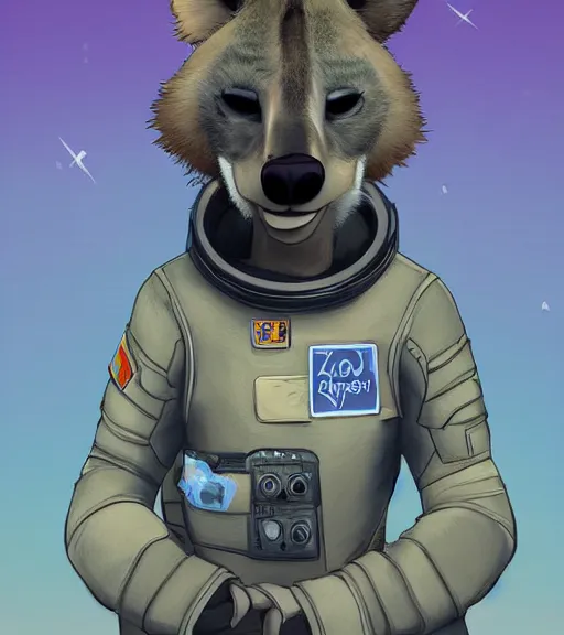 Prompt: full body digital artwork of furry female hyena, in style of zootopia, fursona, furry, furaffinity, deviantart, wearing astronaut outfit, floating in space