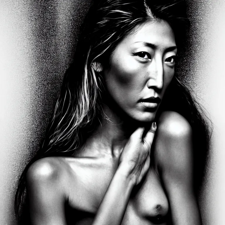 Image similar to photography face portrait on a tropical wallpaper background of a beautiful woman like dichen lachman, black and white photography portrait, skin grain detail, high fashion, studio lighting film noir style photography, by richard avedon, and paolo roversi, nick knight, hellmut newton,