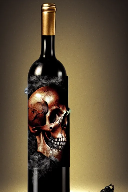 Image similar to wine bottle and a skull on the table, skull made out of smoke coming out of bottle, fantasy, intricate, elegant, highly detailed, digital painting, artstation, concept art, smooth, sharp focus, illustration, art by Ilja Repin