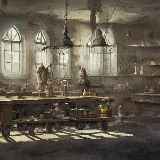 Image similar to A hightly detailed sepia watercolor painting of an alchemy lab, by greg rutkowski, trending on artstation