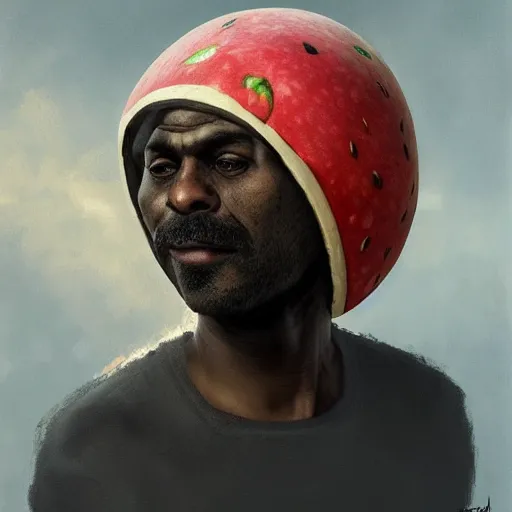 Image similar to front portrait of a goofy looking neutral emotion black guy with a watermelon fruit helmet that covers only the top of his head by greg rutkowski