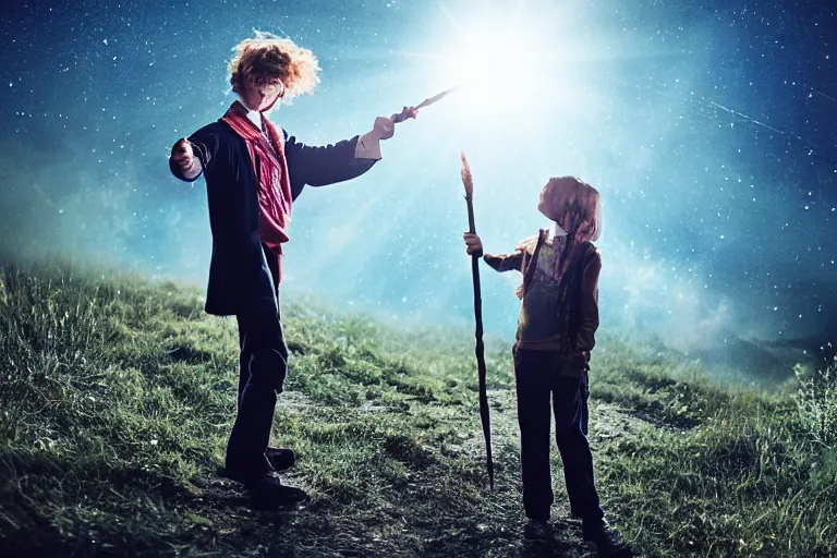 Image similar to a young adult wizard with very detailed face, hair clothes and shoes points their wand fiercely from which a blast of bright magic flies from the end of the wand, on an empty moonlit hill, dramatic lighting, lens flare, 3 5 mm full frame professional photography, kodachrome