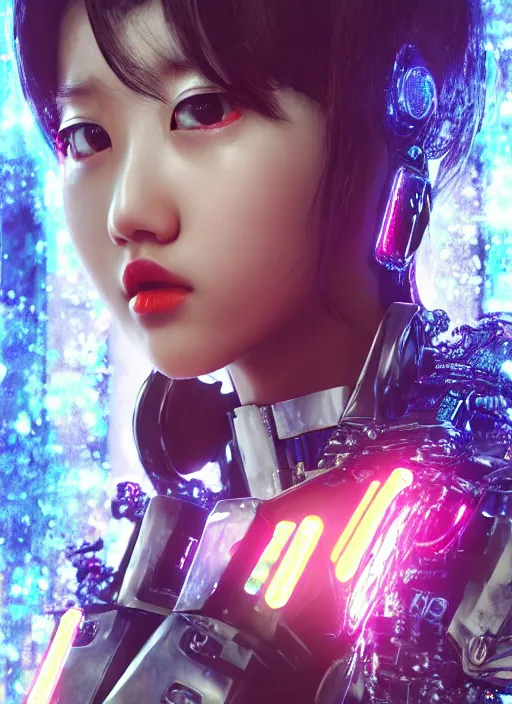 Image similar to a highly detailed portrait of a kpop idol female mecha in spiked cyberpunk bioarmor trending on artstation by yoshitake amano, holographic undertones, 3 d cg, octane rendered, futuristic, 2 k aesthetic, dramatic lighting, 4 k, highly saturated colors