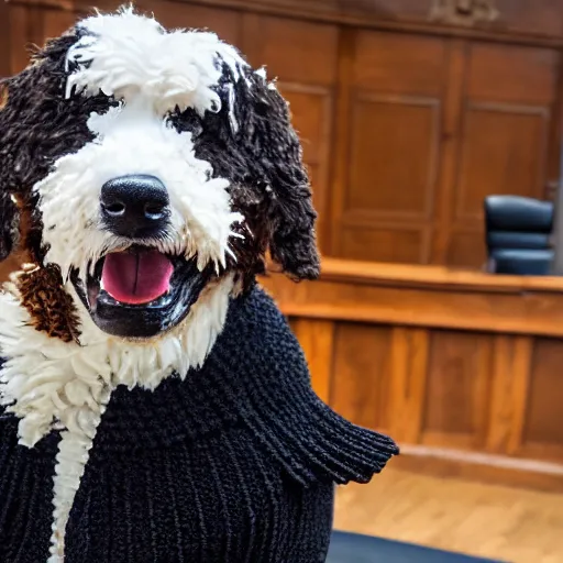 Image similar to a closeup photorealistic photograph of a smiling knitted bernedoodle judge dog dressed in a black gown, presiding over the courthouse. indoors, professional capture, well lit shot. this 4 k hd image is trending on artstation, featured on behance, well - rendered, extra crisp, features intricate detail, epic composition and the style of unreal engine.