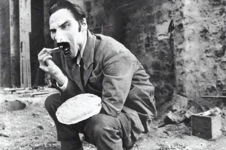 Prompt: dracula eating a bologna sandwich on a construction site 1 9 4 0 s