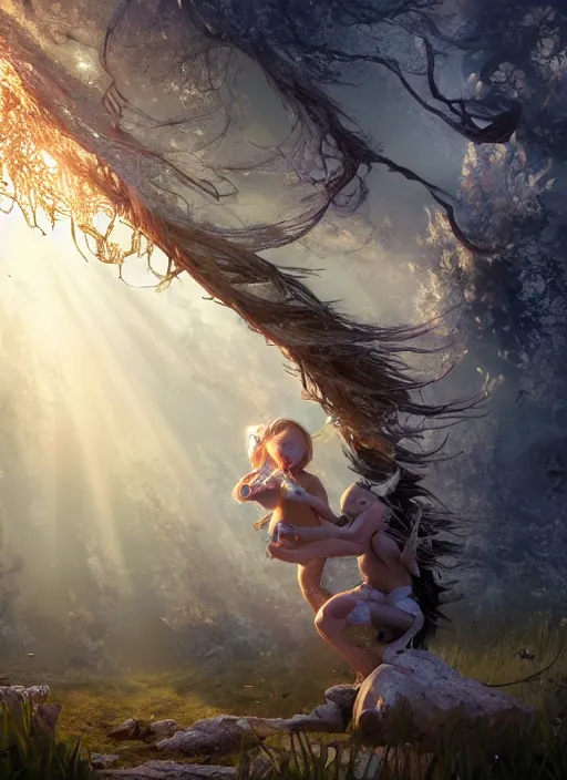 Prompt: preschool - nebular biomechanical incredible hair, crystalline masterpiece incrustations, hyperdetailed face, flippered feet, elegant pose, movie still, intricate, octane render, cinematic forest lighting, cgsociety, unreal engine, crepuscular rays, god rays, caustic shadows lighting, childrens textless storybook illustration