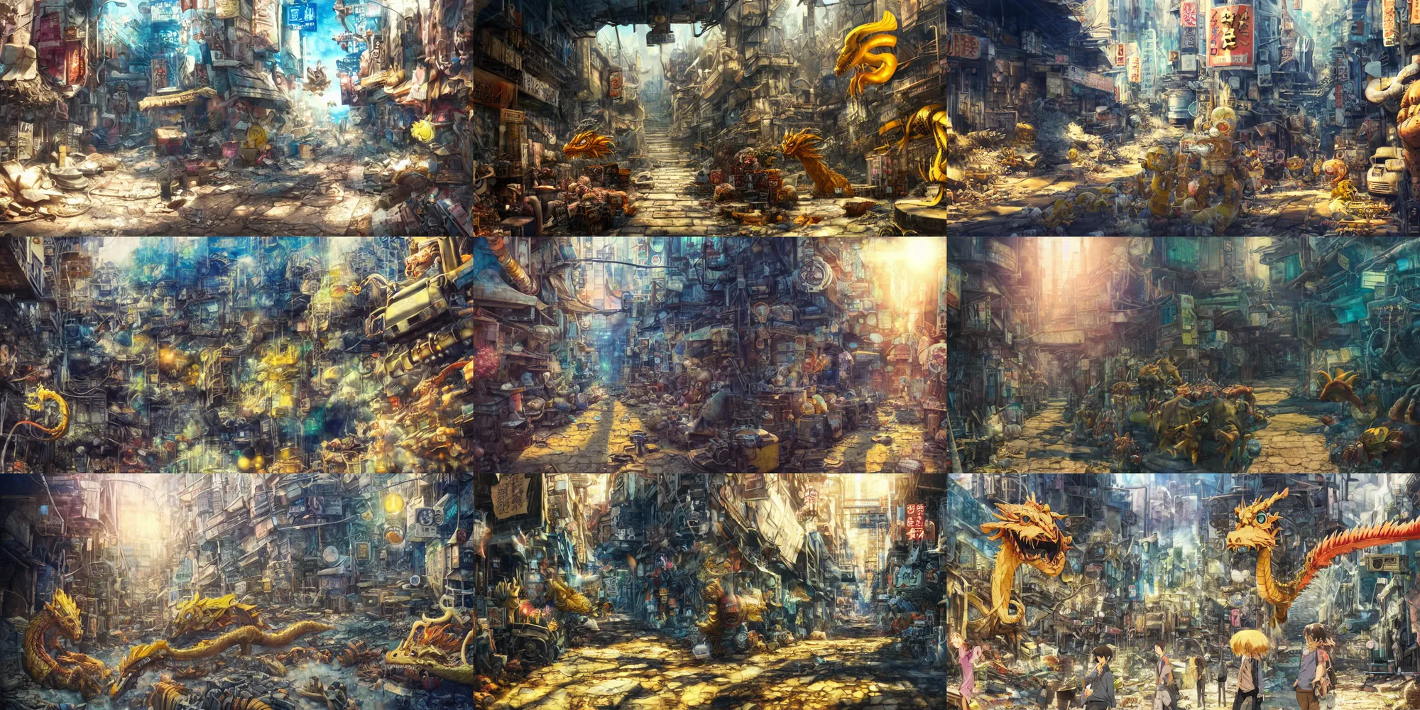 Prompt: incredible anime movie scene, watercolor, underwater market, narrow path, coral, harsh bloom lighting, rim light, abandoned city, paper texture, movie scene, caustics shadows, deserted shinjuku junk town, old pawn shop, bright sun ground, pipes, yellow dragon head festival, robot monster in background