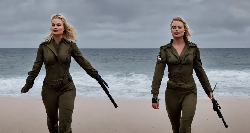 Image similar to cinematic shot of margot robbie in military gear walking out of the ocean, cinematic diffuse lighting, cloudy weather