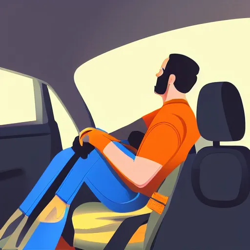 Prompt: man in orange t - shirt fastening his wife's seatbelt on passanger seat, artstation