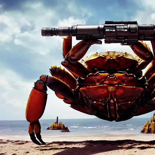 Prompt: shoulder shot of a huge gigantic crab with a [ shooting ] [ star - wars ] [ blaster - turret ] attached to its back crawling towards a village, [ star wars ] [ laser ] [ turret ] [ attached ] to top of crab, xf iq 4 f 5. 6 iso 2 0 0, mcquarrie