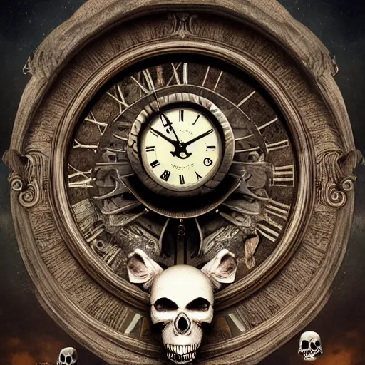 Image similar to a beautiful detailed 3 d matte portrait of a clock made of rodents, ominous, magical realism, texture, intricate, skull, skeleton, whirling smoke radiant colors, fantasy, volumetric lighting, high details