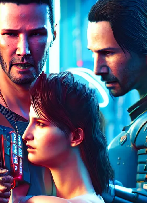 Image similar to a cyberpunk 2077 couple portrait of a Keanu Reeves as johnny silverhand and a female android in final kiss,love,fantasy, intricate, elegant,film lighting,artstation,deviantart,FAN ART,full of color,Digital painting,face enhance,highly detailed,8K,octane,golden ratio,cinematic lighting