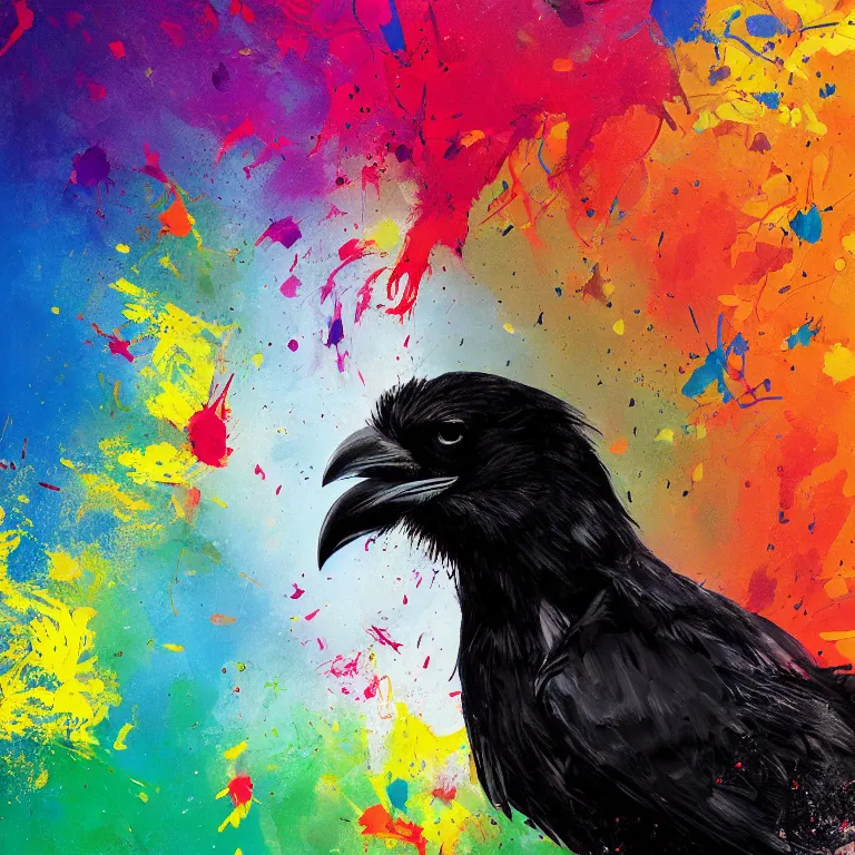 Image similar to colorful illustration of black raven bird, colorful splatters, by andy wrahol and zac retz and kezie demessance