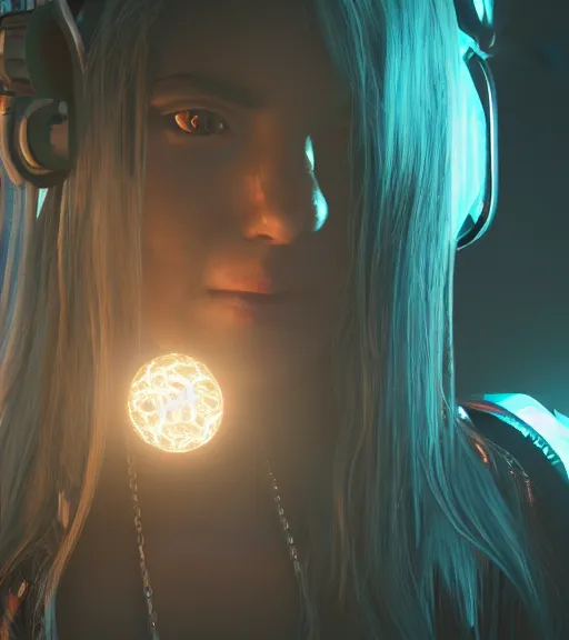 Image similar to a cyberpunk woman with shining sphere in necklace, hyperrealistic, cyber world, ambient lighting, concept art, hyper - detailed, smooth, octane, ray tracing, cinematic, high quality