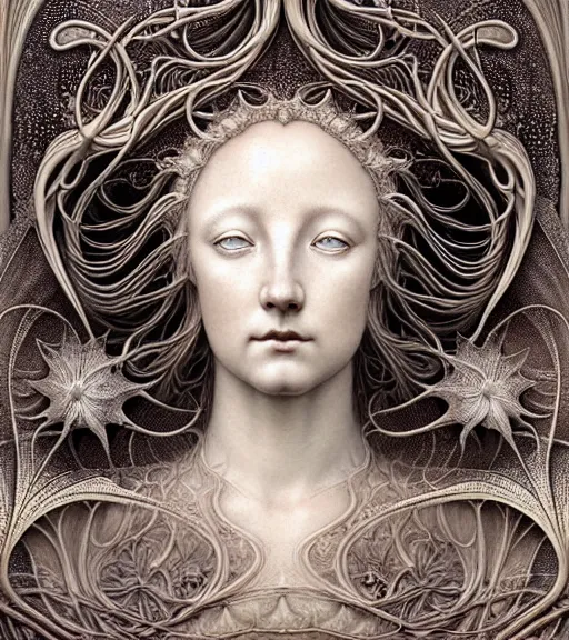 Prompt: detailed realistic beautiful porcelain moon goddess portrait by jean delville, gustave dore, iris van herpen and marco mazzoni, art forms of nature by ernst haeckel, art nouveau, symbolist, visionary, gothic, neo - gothic, pre - raphaelite, fractal lace, intricate alien botanicals, ai biodiversity, surreality, hyperdetailed ultrasharp octane render