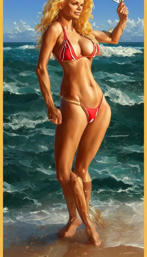 Prompt: beautiful cottagecore pamela anderson baywatch, blonde Hair, sunny beach, intricate, elegant, highly detailed, digital painting, artstation, concept art, smooth, sharp, focus, illustration, art by artgerm and greg rutkowski and alphonse mucha