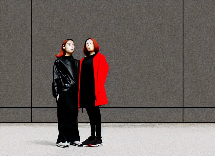Image similar to photographic portrait of 2 clones in front of a brutalist metal building, 2 techwear women, on a desolate plain, red sky, black oversized clothes, sigma 8 5 mm f / 1. 4, 4 k, depth of field, high resolution, 4 k, 8 k, hd, full color