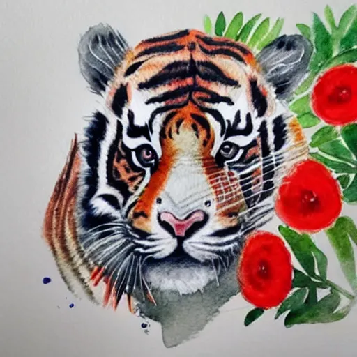 Prompt: low angle watercolor drawing on white paper, a curious baby tiger with big eyes smelling a red flower, curly tail, cute, watercolor, kawaii, wide angle shot, full shot, illustration, white background, very detailed, soft edges, soft colors