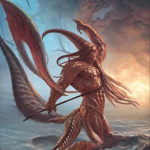 Image similar to combat naga merman, 5 e, d & d, fantasy, intricate, elegant, highly detailed, digital painting, artstation, concept art, smooth, sharp focus, illustration, art by artgerm and greg rutkowski