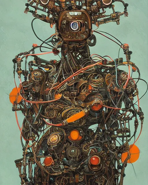 Prompt: Kuniyoshi portrait of a robot saint made of cables and robotic pod by peter mohrbacher
