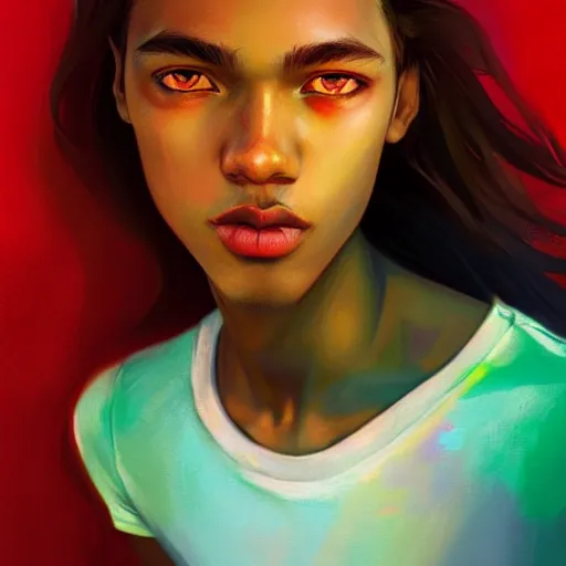 Image similar to colorful and festive captivating teenager with straight brown hair covering his eye, dark skin, big lips, wearing a red t - shirt. rich vivid colors, ambient lighting, dynamic lighting, 4 k, atmospheric lighting, painted, intricate, highly detailed by charlie bowater