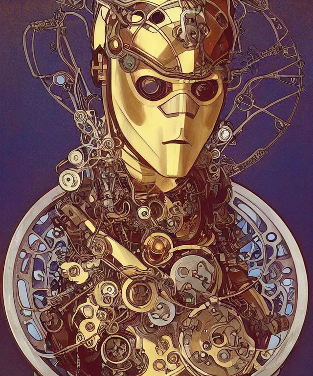 Image similar to realistic detailed portrait of a male! mecha cyberpunk! monk! by alphonse mucha and charlie bowater and art germ, rule of thirds, golden ratio, art nouveau! cyberpunk! style, mechanical accents!, mecha plate armor, glowing leds, flowing wires with leaves, art nouveau accents, art nouveau patterns and geometry, rich deep moody colors