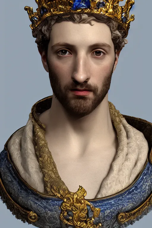Prompt: a realistic porcelain full-head rococo style bust of handsome young Spanish prince a faded style haircut and a crown made of colored pipecleaners, suspended in outer space, photorealism, octane render, depth of field, 8k, 35mm, artgem, Trending on artstation