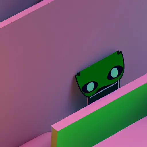 Image similar to isometric minimalistic precisionist backroom with pepe the frog and trashcans, cinema 4 d, 1 0 0 0 0 mm, green and pink color scheme depth of field, octane render, studio lighting