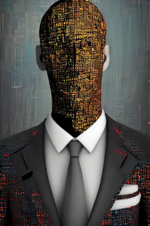 Image similar to man made of glitch art wearing a suit, game character, portrait, realism