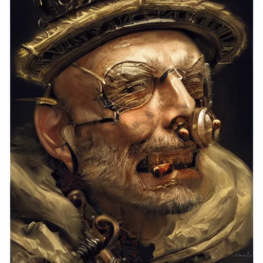 Image similar to portrait, headshot, digital painting, of a old 17th century, old cyborg merchant, amber jewels, baroque, ornate clothing, scifi, realistic, hyperdetailed, chiaroscuro, concept art, art by Franz Hals and Jon Foster