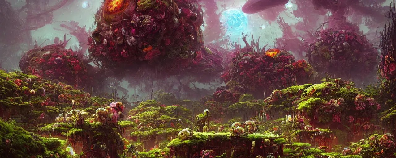 Prompt: ” outer planet overgrown with wild flesh eating flowers and massive roots, [ art by paul lehr, cinematic, detailed, epic, widescreen, opening, establishing, mattepainting, photorealistic, realistic textures, octane render ] ”