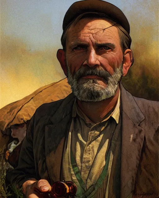 Prompt: medium shot portrait of an Appalachian bootlegger with detailed features and a moonshining still in the background, moonshine jars, dirt, Appalachian mountains, sharp focus, illustration, highly detailed, oil painting, matte, art by Greg Rutkowski and Alphonse Mucha, masterpiece