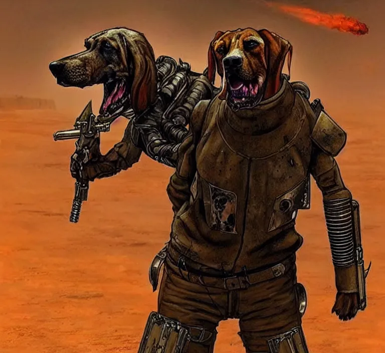 Image similar to a good ol'bloodhound dog fursona ( from the furry fandom ), heavily armed and armored facing down armageddon in a dark and gritty version from the makers of mad max : fury road. witness me.