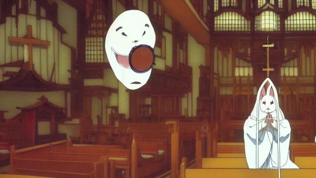 Prompt: a man wearing priest clothes and a white rabbit mask standing in an Japanese church, anime film still from the an anime directed by Katsuhiro Otomo with art direction by Salvador Dalí, wide lens