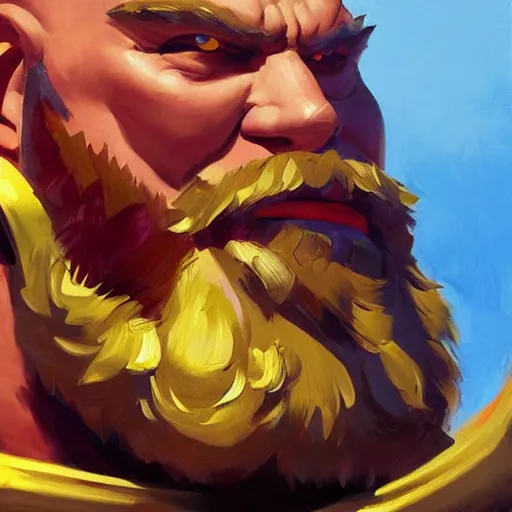 Prompt: greg manchess portrait painting of partially armored zangief from street fighter spitting fire as overwatch character, medium shot, asymmetrical, profile picture, organic painting, sunny day, matte painting, bold shapes, hard edges, street art, trending on artstation, by huang guangjian and gil elvgren and gerald brom