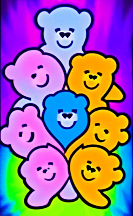 Image similar to care bears at woodstock concert blacklight style