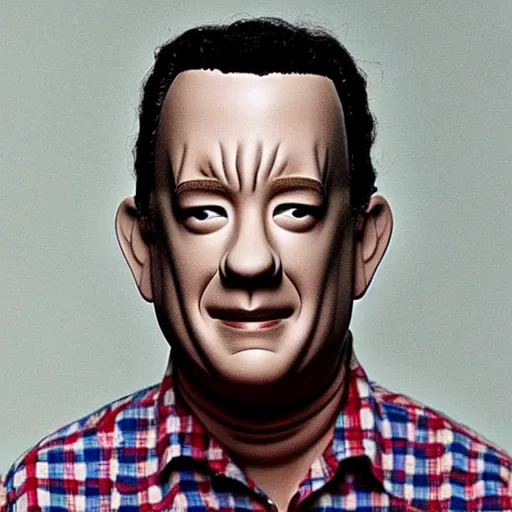 Image similar to “ tom hanks replaced his head with a paper mache replica ”