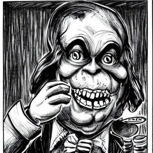 Image similar to a Pop Wonder scary horror themed goofy-hilarious-character Beethoven, dime-store-comic drawn with charcoal and pen and ink, half-tone-line-stacking