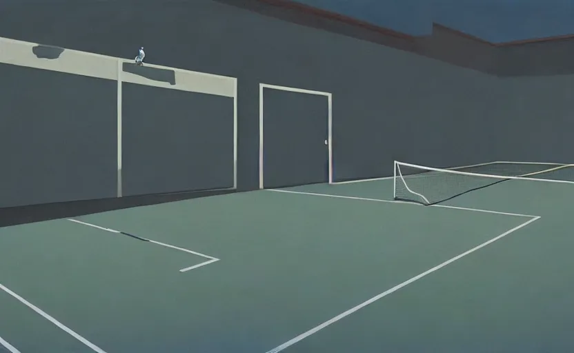 Prompt: Inside an empty tennis court, very coherent, painted by Edward Hopper, Wayne Barlowe, painted by James Gilleard, airbrush, art by JamesJean
