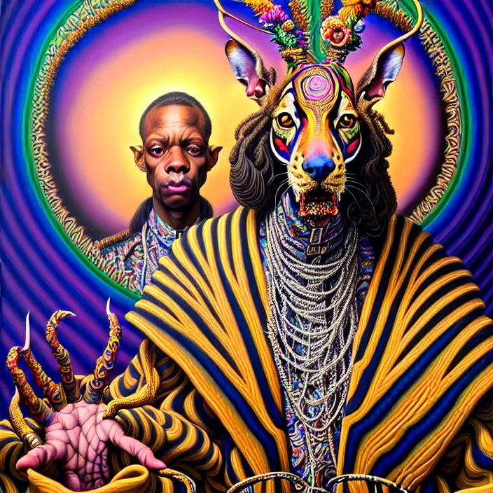 Image similar to beautiful oil painting, full length portrait of zulu dauphinois in baroque coronation robes 1701, Dan Mumford, Dan Mumford, Alex grey, hyacinthe rigaurd, highly detailed , lsd visuals, dmt fractal patterns, visionary art, psychedelic art, ornate, vaporwave, baroque, Greg rutkowski