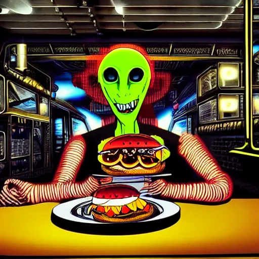 Image similar to hr giger style alien eating a hamburger and fries inside a space station with a neon shop sign in the background, photography