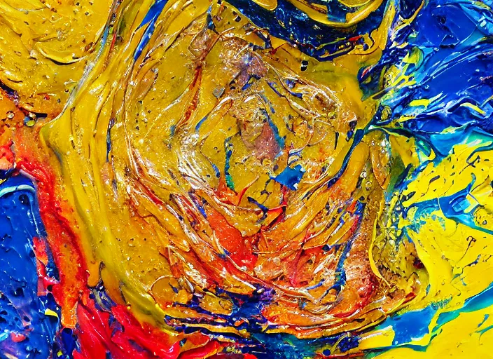 Image similar to still shot close up footage of a human head made of acrylic pour and splashing paint and dripping paint, thick impasto paint, embossed paint, big flying chunks of paint, motion blur, hyperrealistic, medical, intricate art photography, anatomically correct, realistic crisp textures, 1 6 k