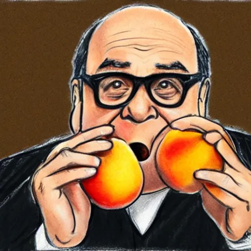 Image similar to courtroom sketch of danny devito eating a peach, high quality, high resolution