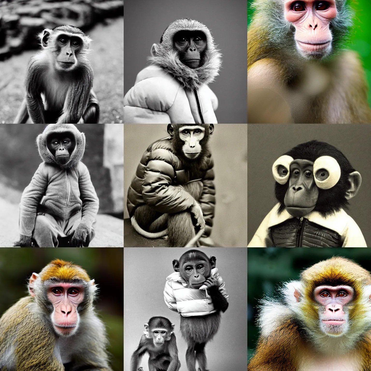 Image similar to an old photo of a monkey wearing a puffer jacket