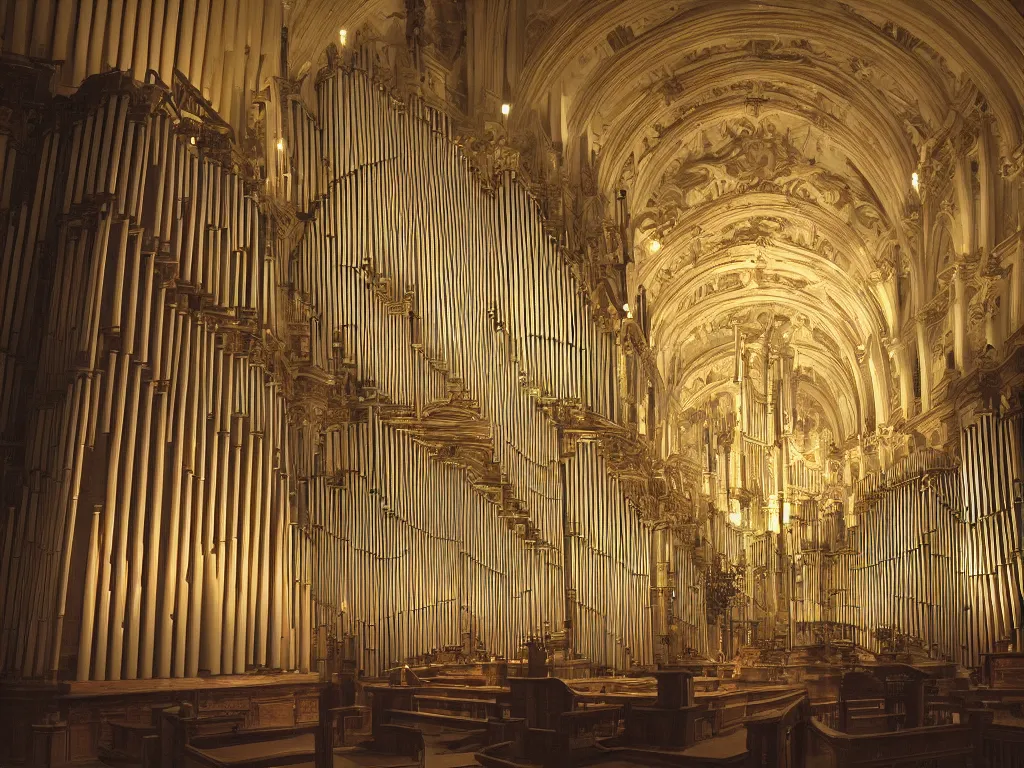 Image similar to hyper realistic photo of a million pipe organ interior volumetric lights designed by alan lee and caravaggio