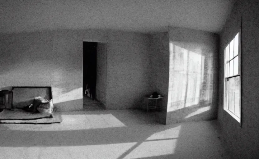 Image similar to screenshot photo low angle interior of a house built on nothing and something for the nothing underneath, scene from being john malcovich film directed by charlie kaufman ( 2 0 0 1 ), moody cinematography, 2 4 mm anamorphic lens, 3 5 mm film