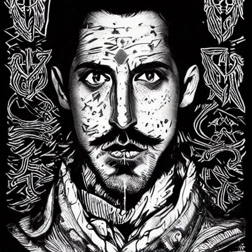 Image similar to black and white pen and ink!!!! rugged royal masonic goetic!! Frank Zappa x Ryan Gosling golden!!!! Vagabond!!!! floating magic swordsman!!!! glides through a beautiful!!!!!!! battlefield dramatic esoteric!!!!!! pen and ink!!!!! illustrated in high detail!!!!!!!! by Junji Ito and Hiroya Oku!!!!!!!!! graphic novel published on 2049 award winning!!!! full body portrait!!!!! action exposition manga panel black and white Shonen Jump issue by David Lynch and Ari Aster beautiful line art Araki