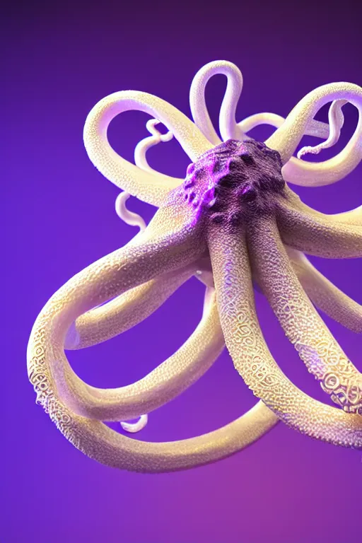 Prompt: 3 d sculpture white intertwined octopus tentacles, floating in dark purple galaxy, gold details, very detailed, highly intricate, ornate, dramatic lighting, pearlescent, octane render, 8 k,