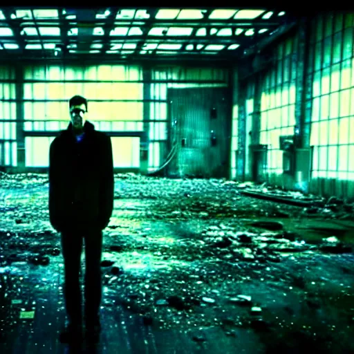 Image similar to runaway replicant standing in a dirty abandoned factory, still from closed circuit tv footage, high angle